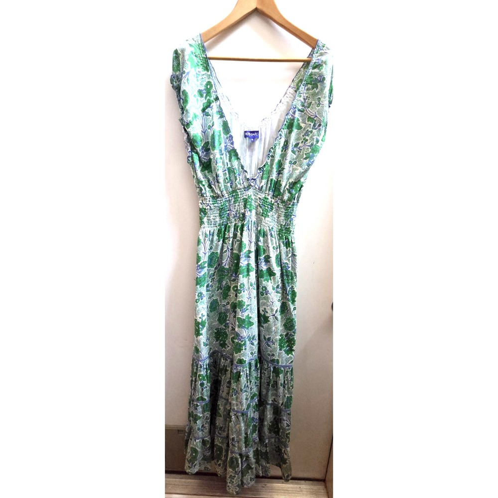Anthropologie RO'S GARDEN XL Hilda Maxi Dress Green/White Smocked Waist Deep-V - Picture 3 of 10